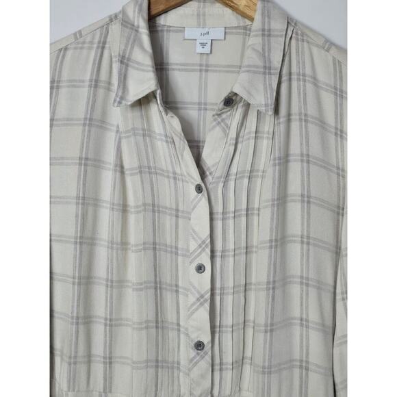 J Jill Womens Plaid Tunic Top Size Medium Tan Button Down Pleated Shirt - Picture 3 of 5